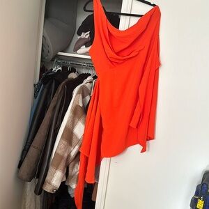 Red one shoulder wrap dress